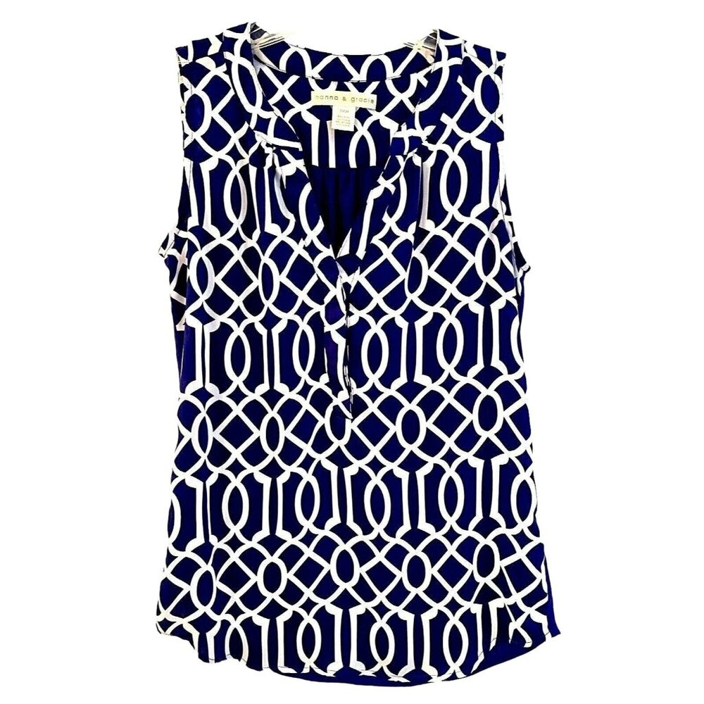 Nanna & Gracie T-Shirt Top Women S Geometric Sleeveless V Neck Navy